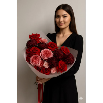 Букет из роз, пионовидных роз, хризантем, спрей роз